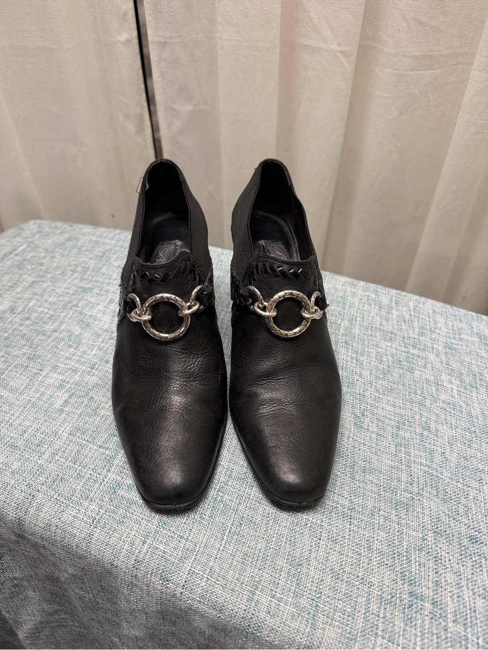 Brighton Black Leather Pointed Slip-On Heels with Silver Ring Accent